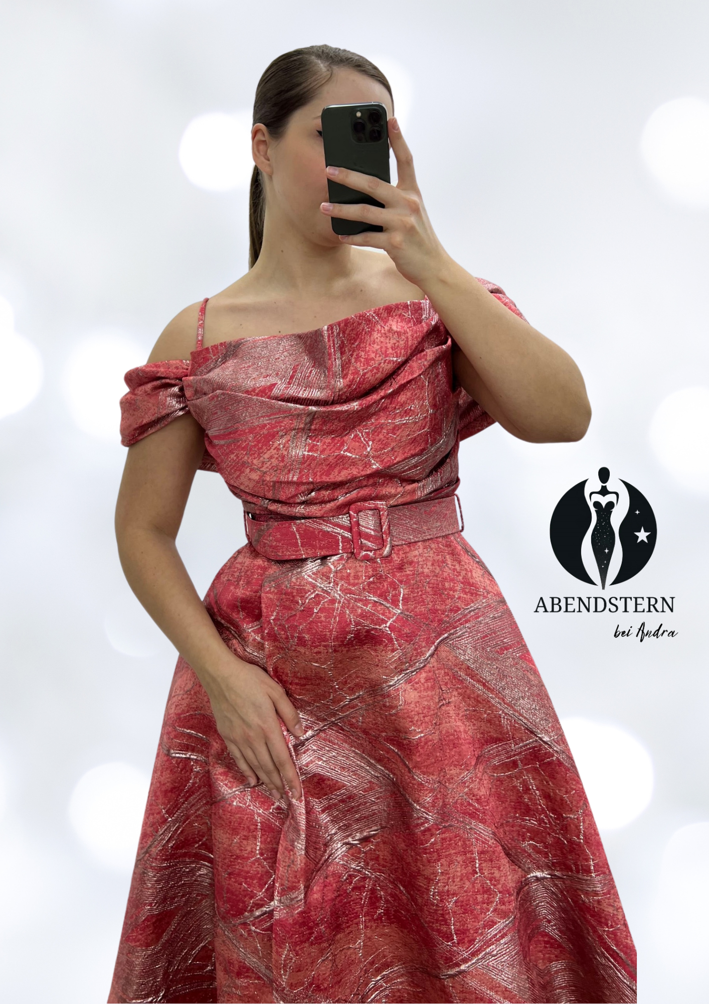 Berauschendes Orange-Rot-Rosa Kleid mit Carmen-Ärmeln