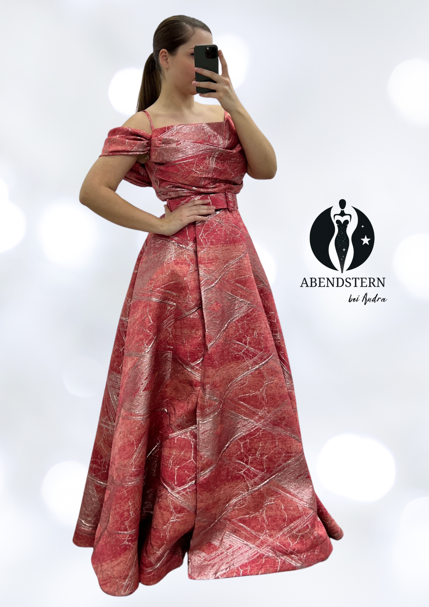 Berauschendes Orange-Rot-Rosa Kleid mit Carmen-Ärmeln